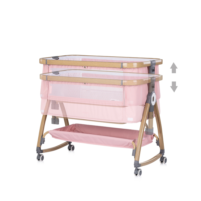 Chipolino Co-sleeping crib with drop side “Charisma" powder pink/wood + wheels KOSCA0265PP