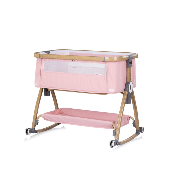Chipolino Co-sleeping crib with drop side “Charisma" powder pink/wood + wheels KOSCA0265PP