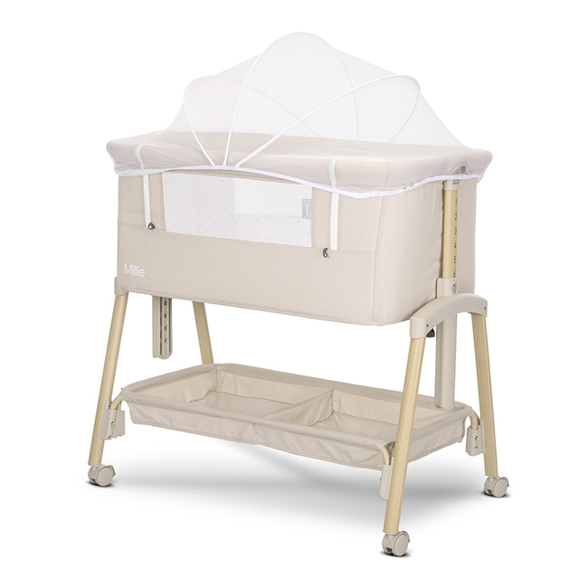 Lorelli Crib Millie Beige with Wooden Effect – Adjustable & Breathable Bedside Cot