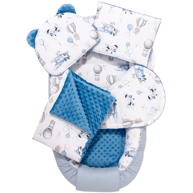 Jukki Baby Φωλιά Για Βρέφη 100x55 Σετ 5 τμχ Υφασμα Minky Balloon Travel Blue Denim 5904506810857