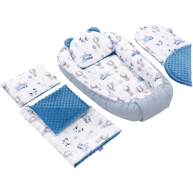 Jukki Baby Φωλιά Για Βρέφη 100x55 Σετ 5 τμχ Υφασμα Minky Balloon Travel Blue Denim 5904506810857