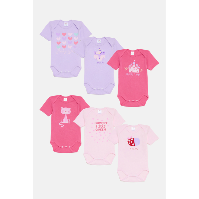 Pretty Baby Magical Σετ 6 βρεφικά βαμβακερά κορμάκια κοντό μανίκι Ροζ Λιλά