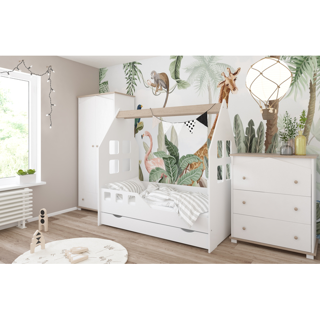 Montessori Olaf Children's Bed with Drawer & Barrier White Oak
