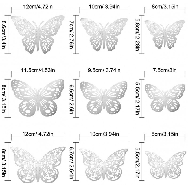 3D Stereo Butterfly Multipurpose Door Wall Stickers 36 pcs Butterflies Silver