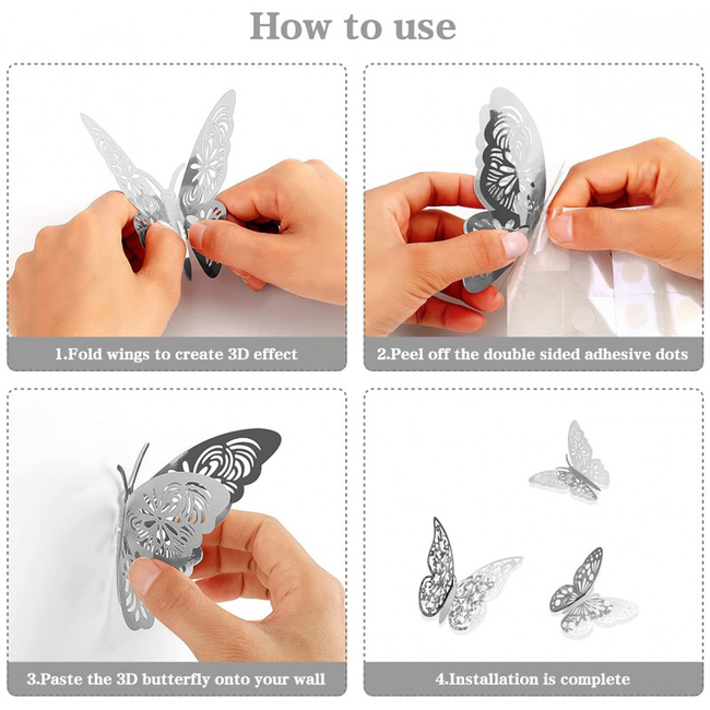 3D Stereo Butterfly Multipurpose Door Wall Stickers 36 pcs Butterflies Silver