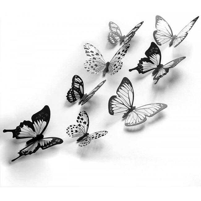 3D Stereo Butterfly Αυτοκόλλητα Πολλαπλών Χρήσεων 72 τμχ Τοίχου Ψυγείου Πόρτας Πεταλούδες Black White