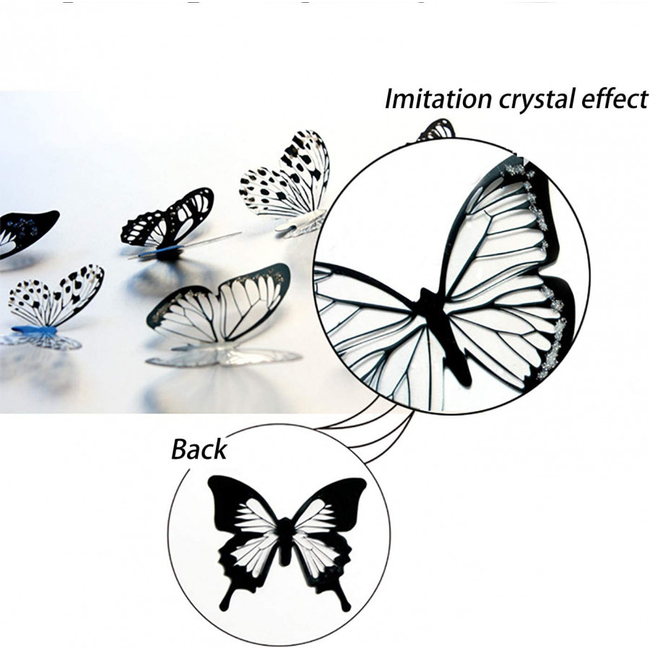 3D Stereo Butterfly Αυτοκόλλητα Πολλαπλών Χρήσεων 72 τμχ Τοίχου Ψυγείου Πόρτας Πεταλούδες Black White