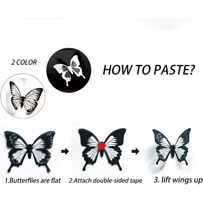 3D Stereo Butterfly Αυτοκόλλητα Πολλαπλών Χρήσεων 72 τμχ Τοίχου Ψυγείου Πόρτας Πεταλούδες Black White