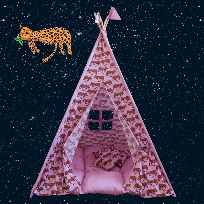 Babyliss: Large fabric tent with thick mattress and 2 pillows "Spots Tell Tales Of The Leopard" 120 x 120 x 160cm