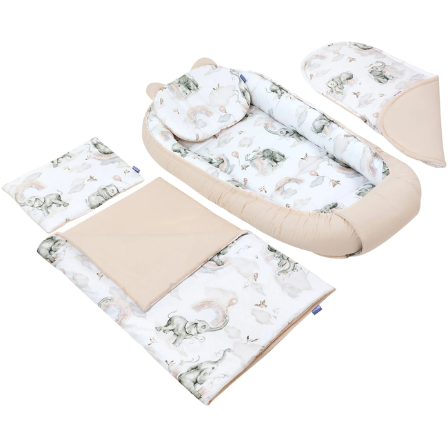 Jukki Baby Nest XXL For Babies 65x120 Set 5 pcs Elephant’s Paradise