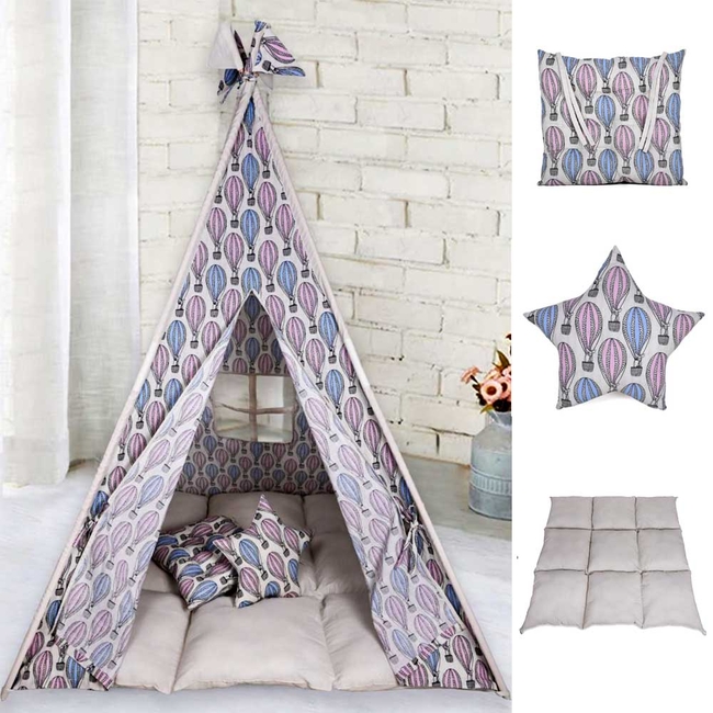 Babyliss: Large fabric tent with thick mattress and 2 pillows "Chase Your Dreams In A Balloon" 120 x 120 x 160cm