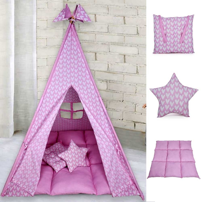 Babyliss: Large fabric tent with thick mattress and 2 pillows "Follow Your Heart" 120 x 120 x 160cm