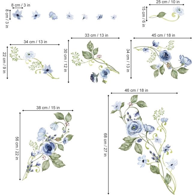 OEM Decalmile Αυτοκόλλητα Τοίχου Για Παιδικό Δωμάτιο Flower Roses Blue DM0940B