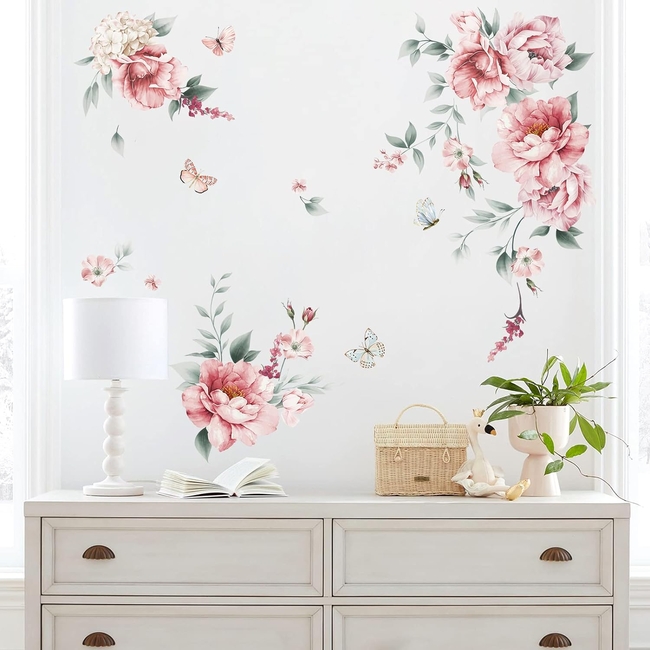 Decalmile Wall Stickers For Kids Room Pink Flowers Butterfly DM0940A
