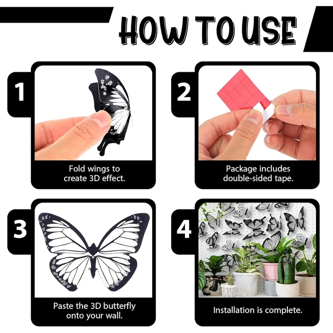 3D Stereo Butterfly Multi-Purpose Stickers 72pcs Fridge Wall Door Butterflies Black