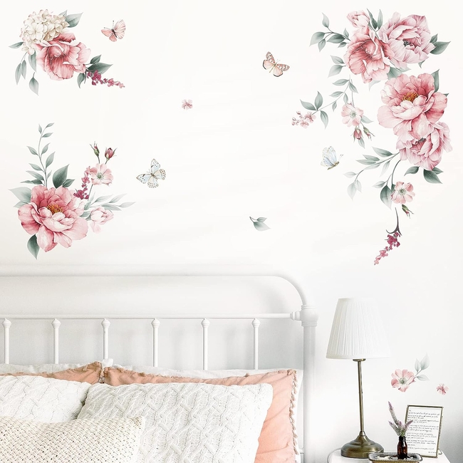 Decalmile Wall Stickers For Kids Room Pink Flowers Butterfly DM0940A