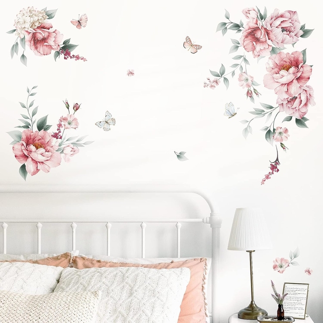 OEM Decalmile Αυτοκόλλητα Τοίχου Για Παιδικό Δωμάτιο Pink Flowers Butterfly DM0940A
