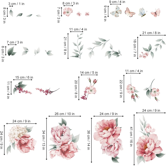 OEM Decalmile Αυτοκόλλητα Τοίχου Για Παιδικό Δωμάτιο Pink Flowers Butterfly DM0940A