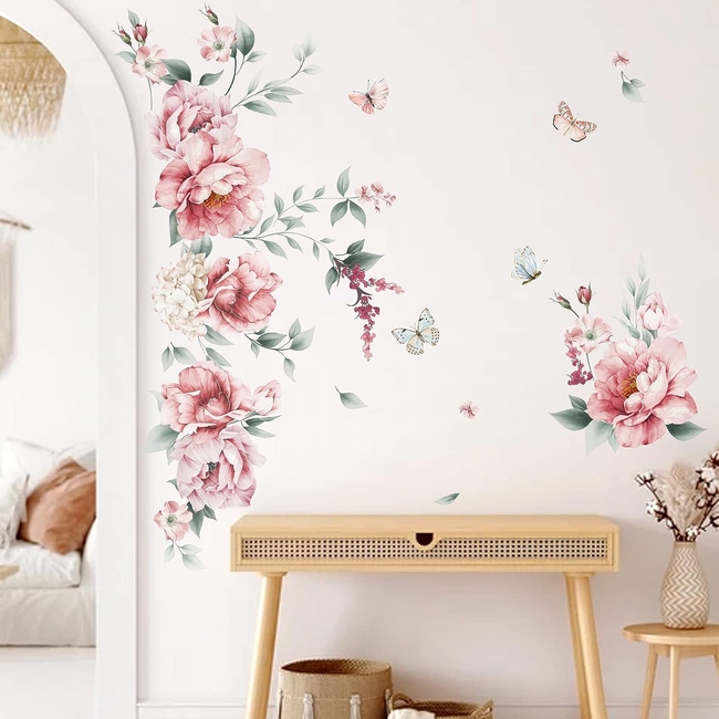 OEM Decalmile Αυτοκόλλητα Τοίχου Για Παιδικό Δωμάτιο Pink Flowers Butterfly DM0940A