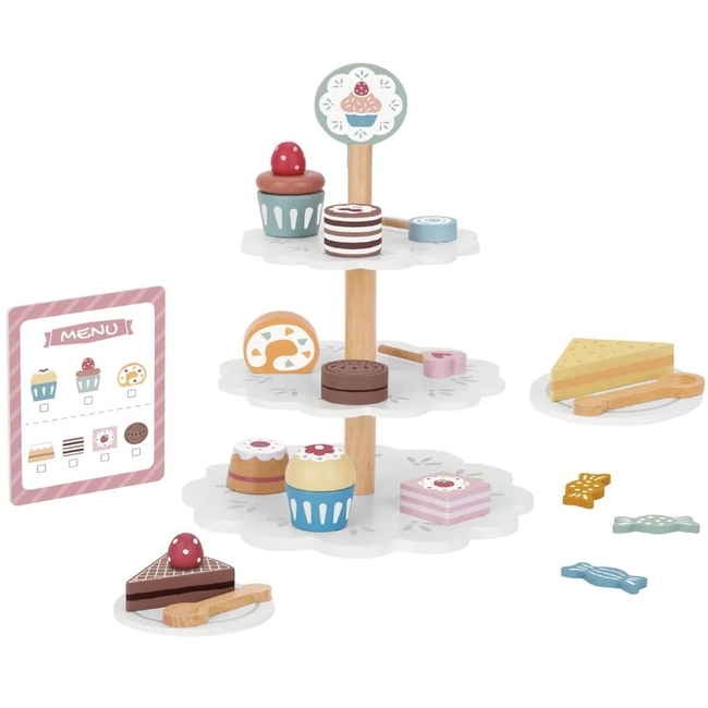 Tooky Toy TJ273 – Ξύλινος Δίσκος Γλυκισμάτων με Τριώροφη Βάση, Μενού & Αξεσουάρ (3+)