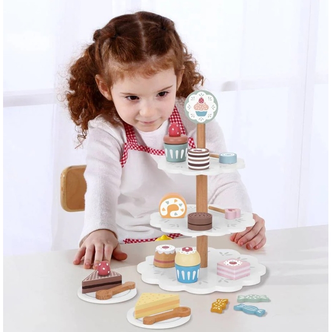Tooky Toy TJ273 – Ξύλινος Δίσκος Γλυκισμάτων με Τριώροφη Βάση, Μενού & Αξεσουάρ (3+)