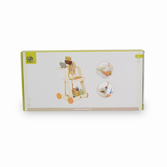 Moni Toys Ξύλινο Καροτσάκι Καθαρισμού – Παιχνίδι Ρόλων με Σκούπα & Σφουγγαρίστρα, EN 71 W10D787 3801005602049