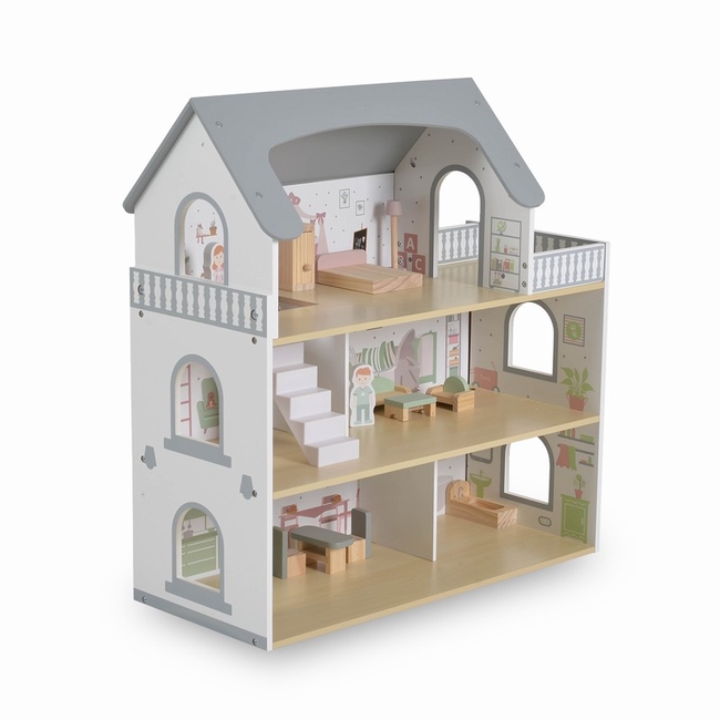 Moni Toys Ξύλινο Κουκλόσπιτο Ema – 3 Όροφοι με Έπιπλα & Κούκλες, EN 71 3801005602056
