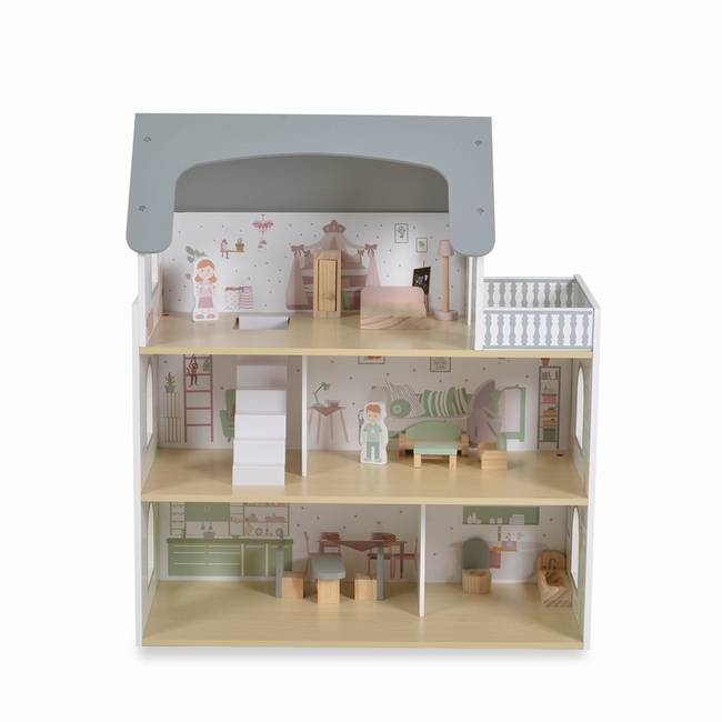 Moni Toys Ξύλινο Κουκλόσπιτο Ema – 3 Όροφοι με Έπιπλα & Κούκλες, EN 71 3801005602056