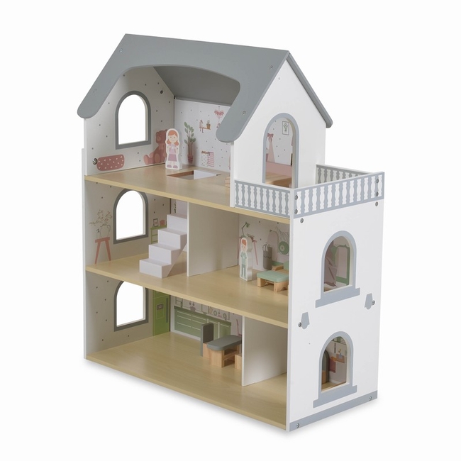 Moni Toys Ξύλινο Κουκλόσπιτο Ema – 3 Όροφοι με Έπιπλα & Κούκλες, EN 71 3801005602056