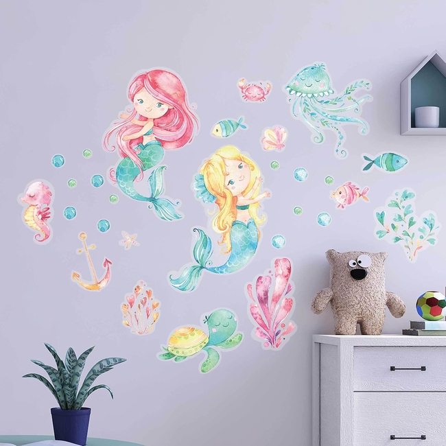 Wall Stickers - 8 Sheets Kids Room Decor - Wall Decor - Mermaid - 22 x 30 cm per sheet - for Boys and Girls - Set 1