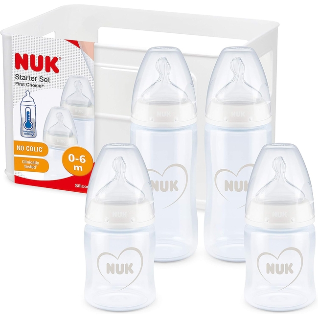 NUK First Choice+ Set of 4 Plastic Baby Bottles Temperature Control 6+ months Anti Colic 1025214