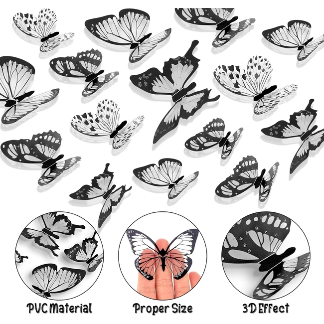 3D Stereo Butterfly Αυτοκόλλητα Πολλαπλών Χρήσεων 72 τμχ Τοίχου Ψυγείου Πόρτας Πεταλούδες Black