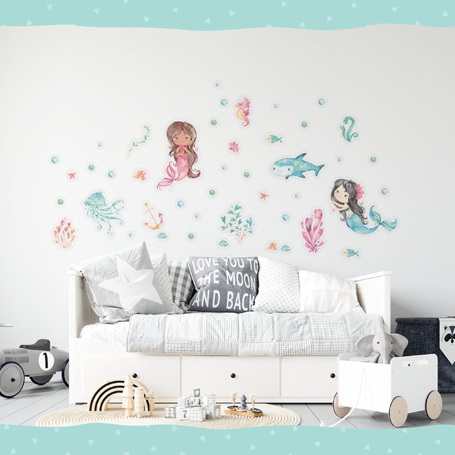 Wall Stickers - 8 Sheets Kids Room Decor - Wall Decor - Mermaid - 22 x 30 cm per sheet - for Boys and Girls - Set 1