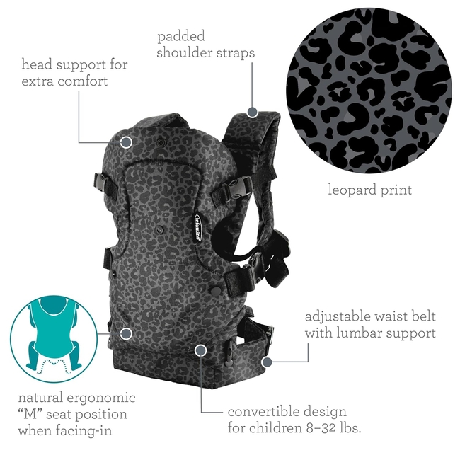 Infantino Flip 4-in-1 Baby Carrier | Ergonomic, Stylish & Adjustable Black & Gray Leopard