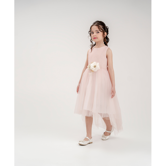 Παιδικό Φόρεμα Βάπτισης Ροζ με Ασύμμετρο Τούλι & Ζώνη με Λουλούδι