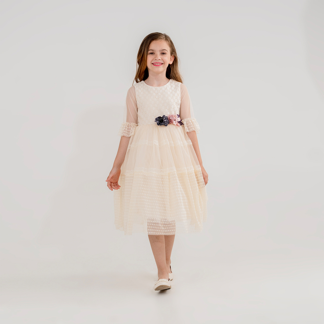 Girls’ Baptism Dress Ecru with Tulle & Embroidery – Formal Occasion