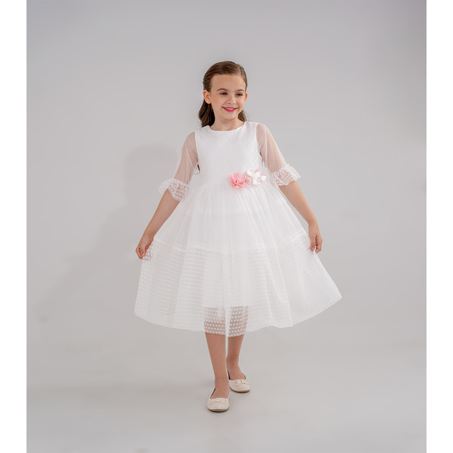 White Girls’ Wedding Baptism Dress with Tulle Sleeves & Pink Flower Detail