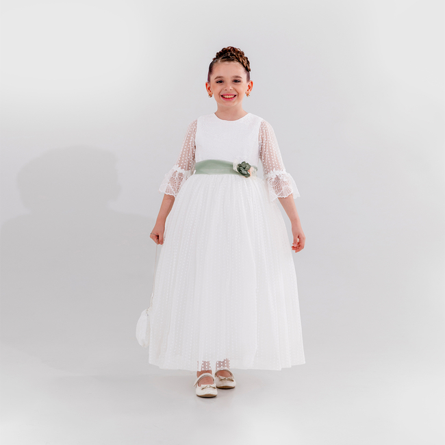 Long White Children's Wedding Baptism Dress with Polka Dots Tulle & Green Flower Belt