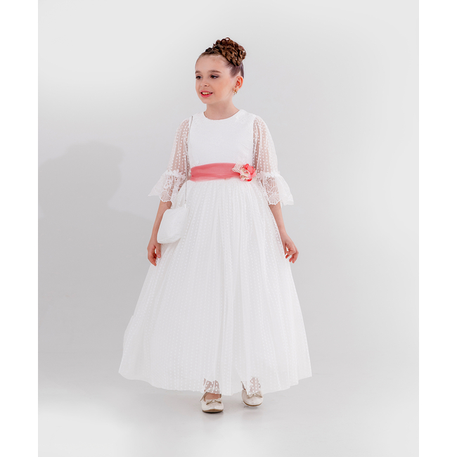 Long White Children's Wedding Baptism Dress with Polka Dots Tulle & Fuchsia Flower Belt