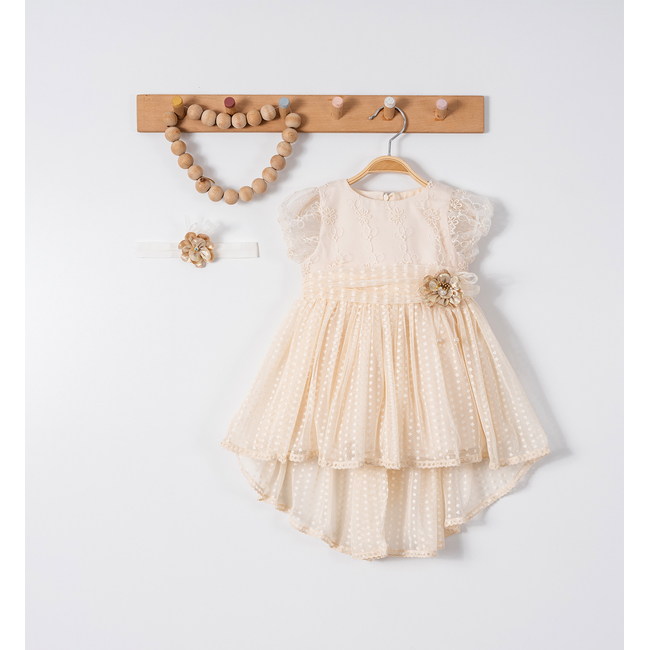 Ivory Baby Dress with Polka Dot Tulle & Ribbon– Perfect for Christening