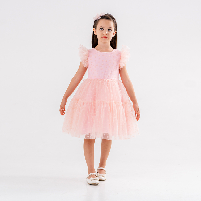 Girls’ Pink Dress with Frilled Tulle Sleeves & Layered Skirt – Headband Included