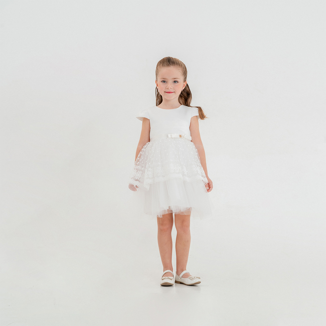 White Lace & Tulle Girls' Dress with Satin Belt & Bow