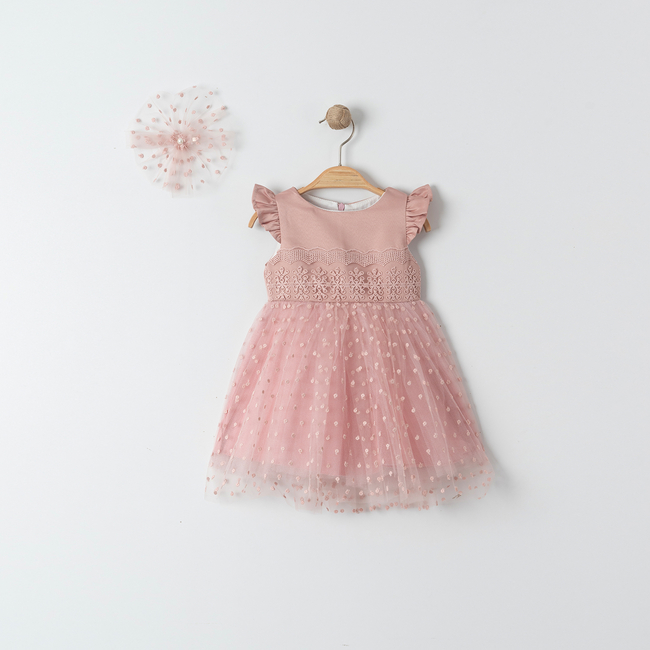 Dusty Rose  Baby Girl Dress with Lace Bodice & Polka Dot Tulle – Perfect for Christening