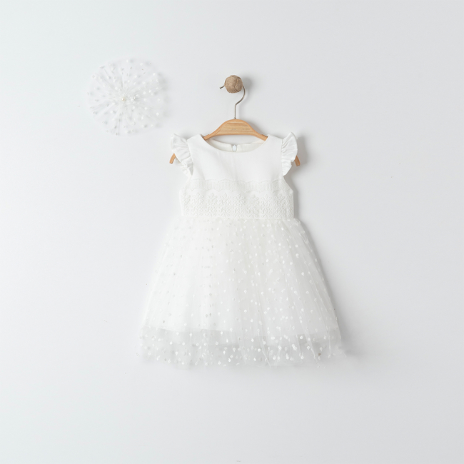 White Baby Girl Dress with Lace Bodice & Polka Dot Tulle – Perfect for Christening