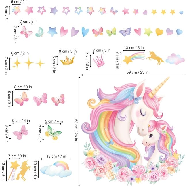 Unicorn Wall Stickers For Kids Room 2 Sheets Mom & Baby