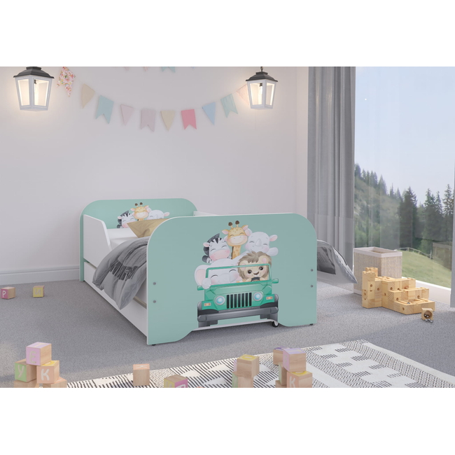 Toddler Children Kids Bed Including Mattress + Drawer 160x80cm - Animal Trip