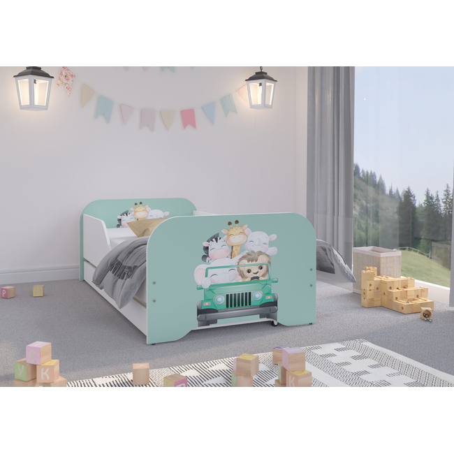 Miki Toddler Children Kids Bed Including Mattress + Drawer 160x80cm - Animal Trip