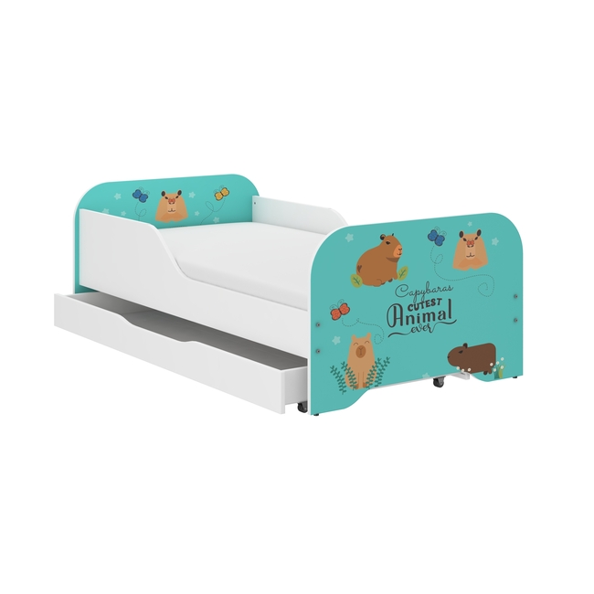 Toddler Children Kids Bed Including Mattress + Drawer 160x80 - Capybara Animals