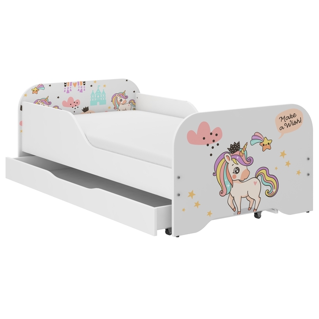 Miki Toddler Children Kids Bed Including Mattress + Drawer 160x80 - Unicorn Rainbow