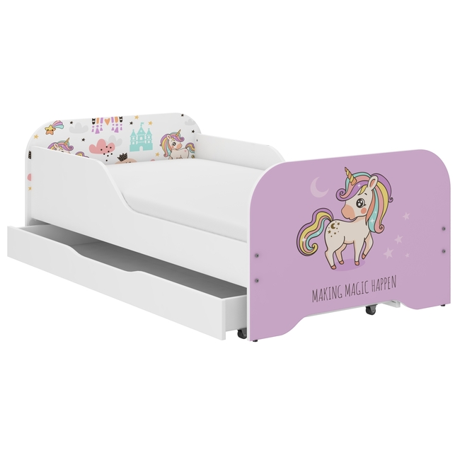 Toddler Miki Children Kids Bed Including Mattress + Drawer 160x80 - Pink Unicorn